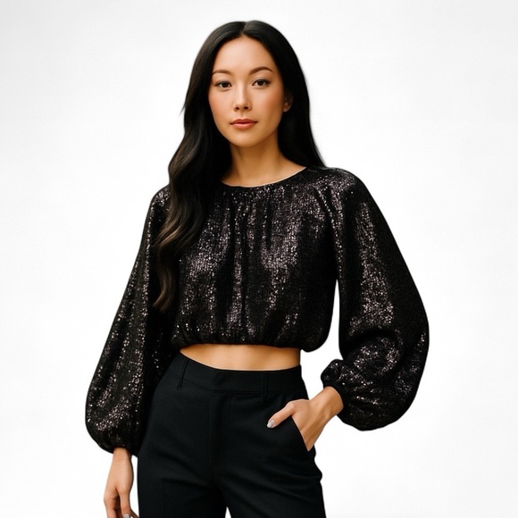 H&M‎ Black Bubble Hem Oversized Long Sleeve Crop Sequins Top NEW Size XS - Picture 2 of 15